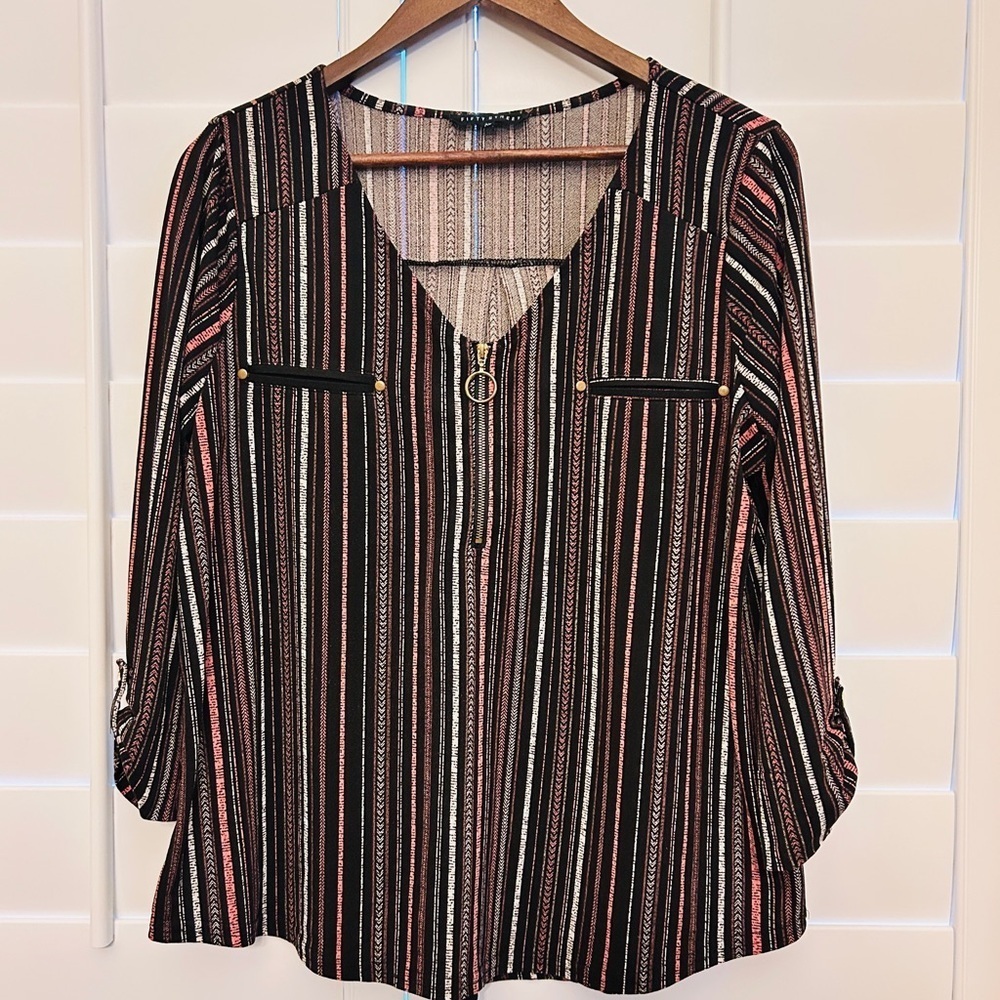 🖤 Fifty Street Striped Zip-Front Blouse – Size XL - Picture 4 of 8